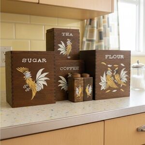 Vintage Rooster Canister set with matching salt & pepper wood retro MCM